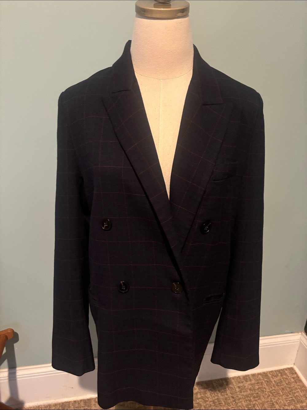 Zara Double-Breasted Navy Windowpane Sport Coat On trend menswear chunky